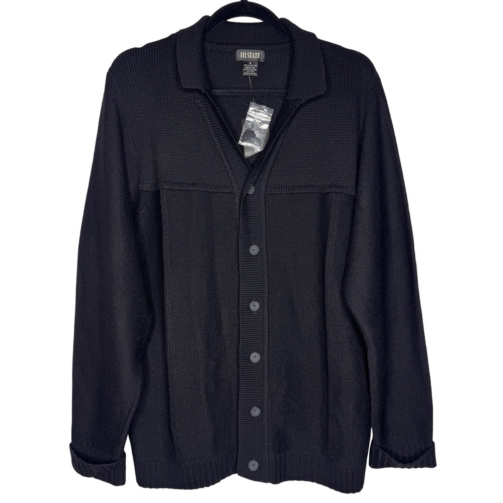 III STATE Mens 100% Extra Fine Merino Wool Black Button Cardigan Sweater‎ Size M